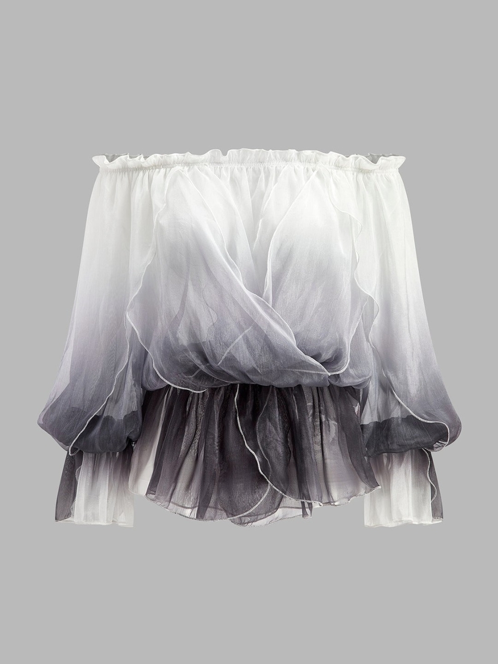 Commense White to Gray Ombre Off-Shoulder Chiffon Blouse